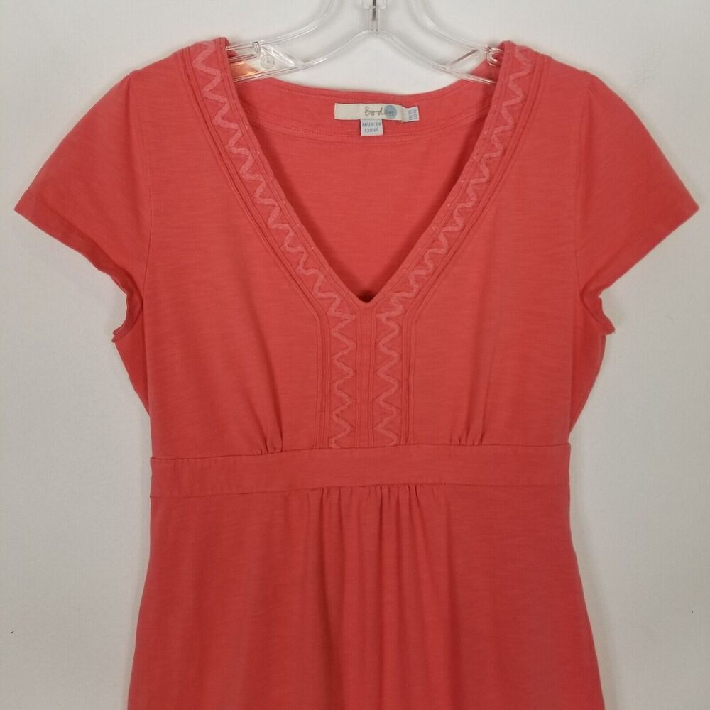 Boden Women Embroidered Trim Short Sleeve Dress Sz 6 L V Neck Stretchy Pink - Picture 2 of 8